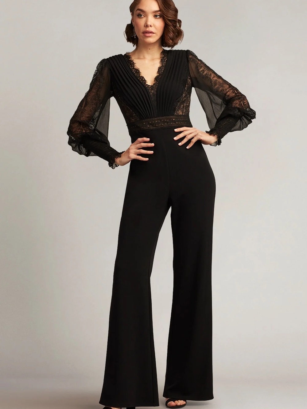 Tadashi Shoji Black Lace-Sleeve V-Neck Wide-Leg Jumpsuit